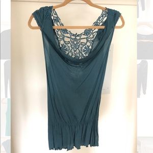 Free People Blue Crochet Back Scoop Neck Blouse